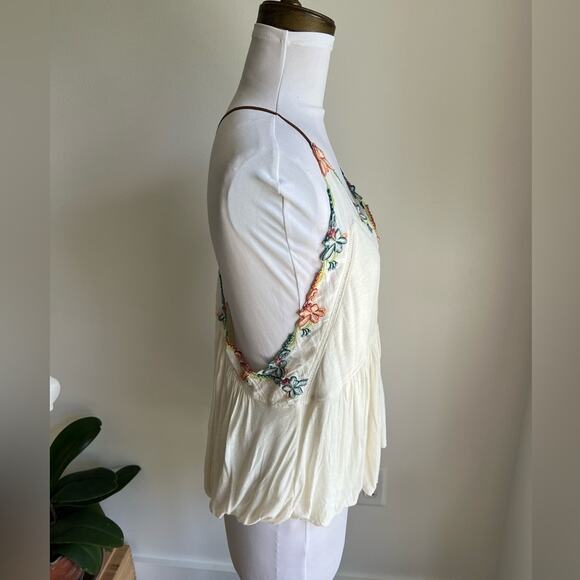 FREE PEOPLE ISLAND TIME FLORAL V NECK TANK TOP IVORY LEATHER STRAPS - Picture 5 of 6